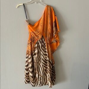 Bisou Bisou Dress Michele Bohot One Shoulder Tiger  orange Brown SZ 8 Like New